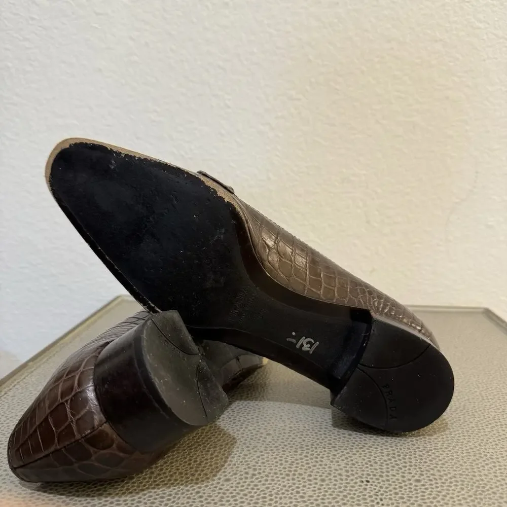 Prada 90s Y2K VTG Brown Croc Pattern Buckle Kitten Heels Pumps Shoes 37.5 7.5